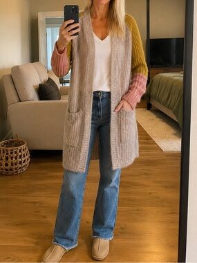 Pepin Colorblock Open-Front Cardigan in Taupe, Mustard & Pink
